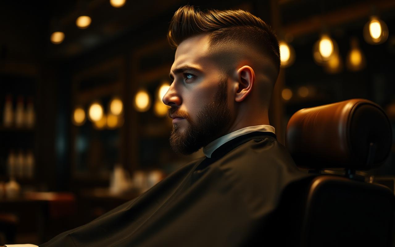 Cliente sulla poltrona, taglio e barba rifiniti